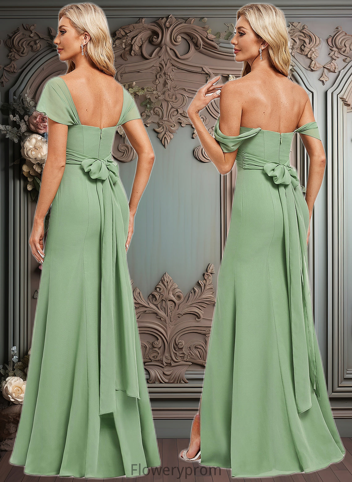 Maia Trumpet/Mermaid Off the Shoulder V-Neck Floor-Length Chiffon Bridesmaid Dress HDP0025810