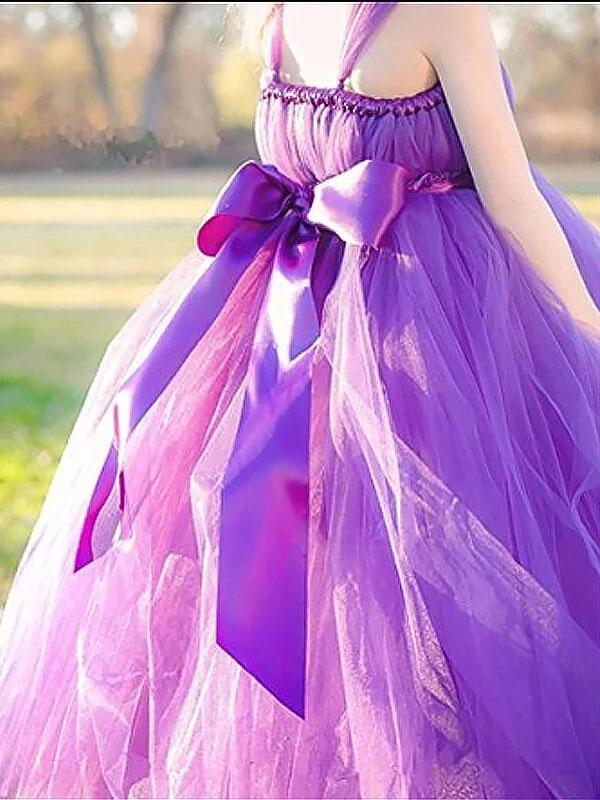 Princess Purple Ball Gown Square Neck Layers Tulle Flower Girl Dresses, Bowknot Baby Dresses STG15304