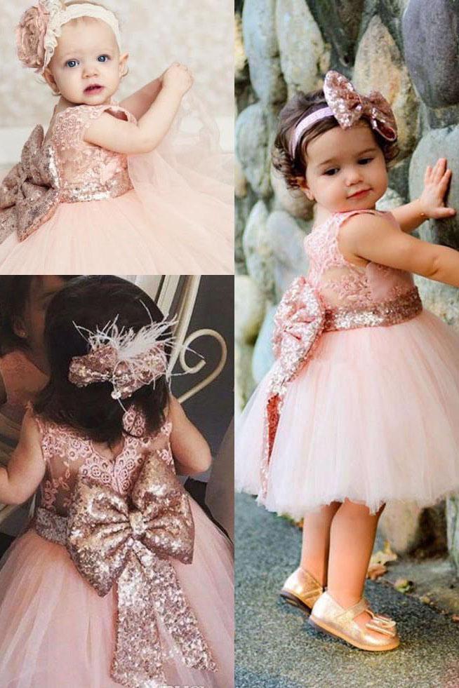 Cute Lace Pink V Back Flower Girl Dress with Bowknot, Round Neck Child Dresses STG15574