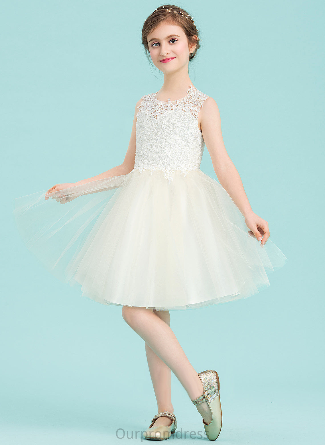 A-Line Tulle/Lace - Girl Neck Hole Flower Girl Dresses Back Sleeveless Flower With Knee-length Scoop Dress Elisabeth