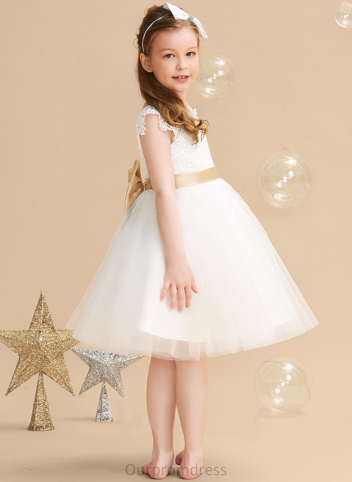 With Flower Girl Dresses Neck Sleeves Silvia Dress - Tulle/Lace Flower Knee-length Short A-Line sash) (Undetachable Scoop Sash/Bow(s) Girl