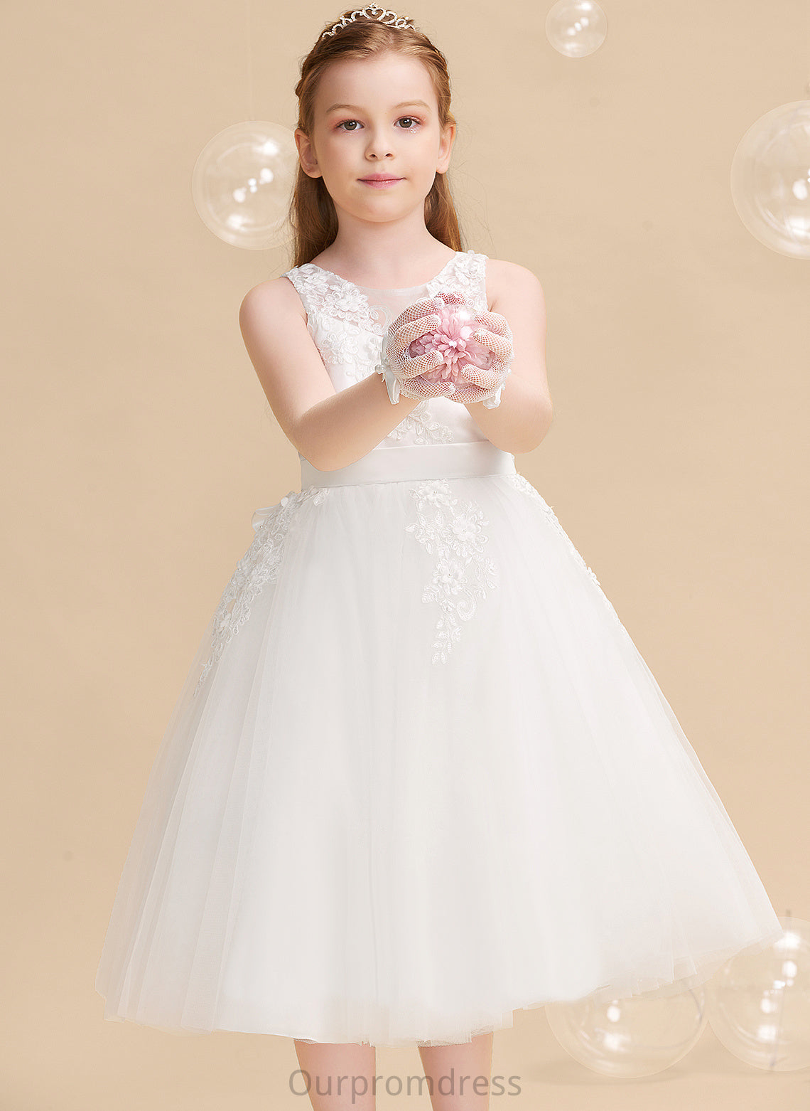 Sleeveless Tea-length Girl Beading/Flower(s) A-Line Juliette - Flower With Scoop Flower Girl Dresses Neck Tulle/Lace Dress