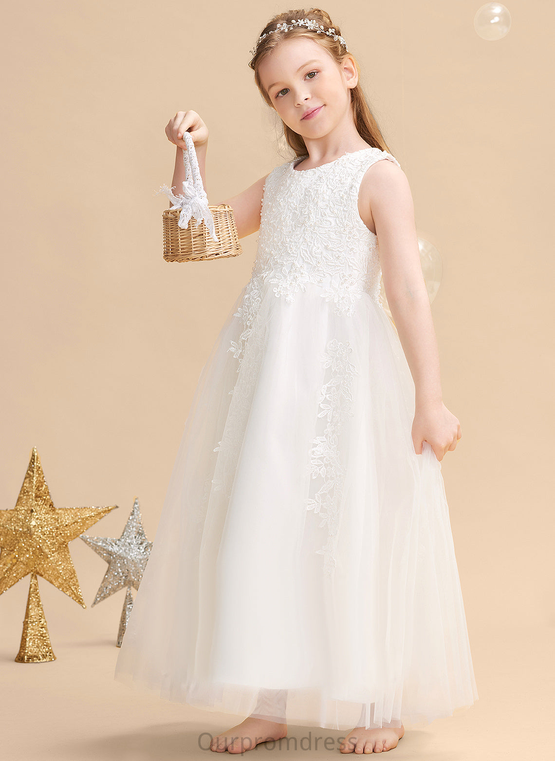 Flower Girl Dresses Gown Neck - Ball Girl Reina Flower Dress Sleeveless Scoop Beading/Appliques Ankle-length Satin/Tulle With