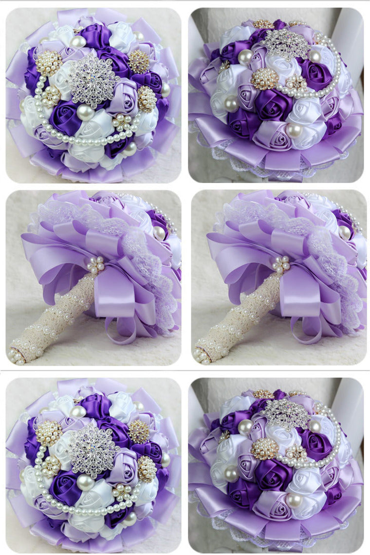 Elegant Ribbon Roses With Rhinestone Brooch Wedding Bouquet (27*18cm)