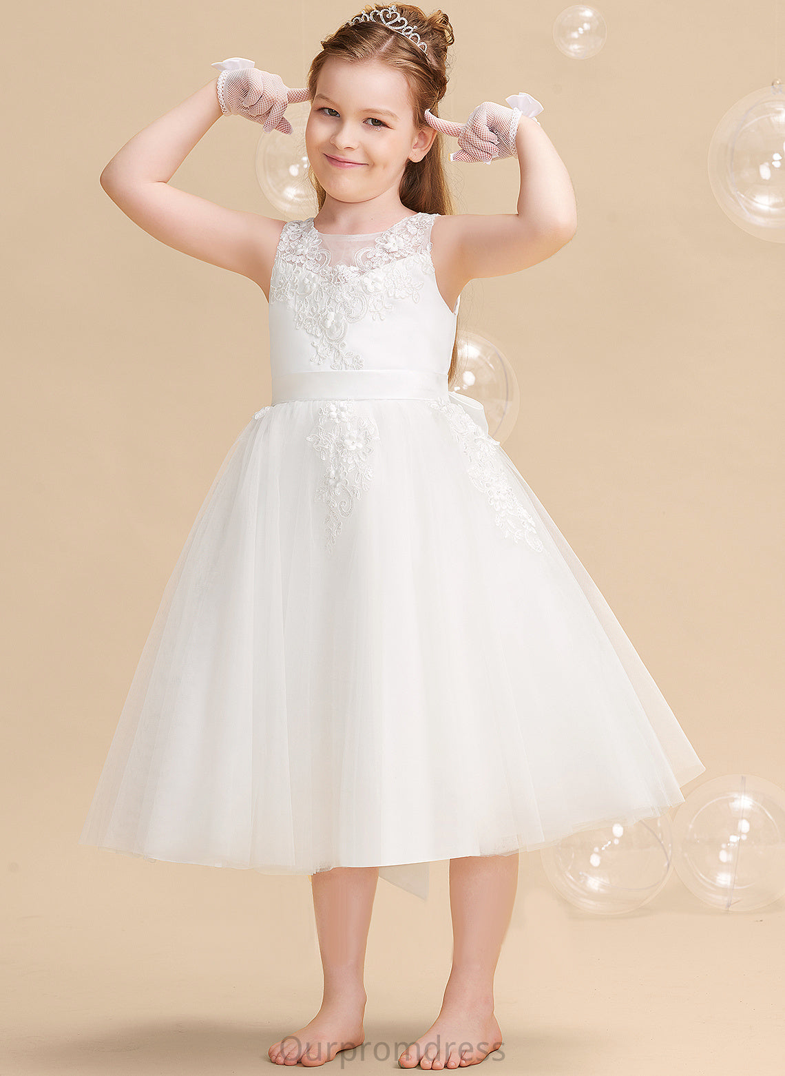 Sleeveless Tea-length Girl Beading/Flower(s) A-Line Juliette - Flower With Scoop Flower Girl Dresses Neck Tulle/Lace Dress