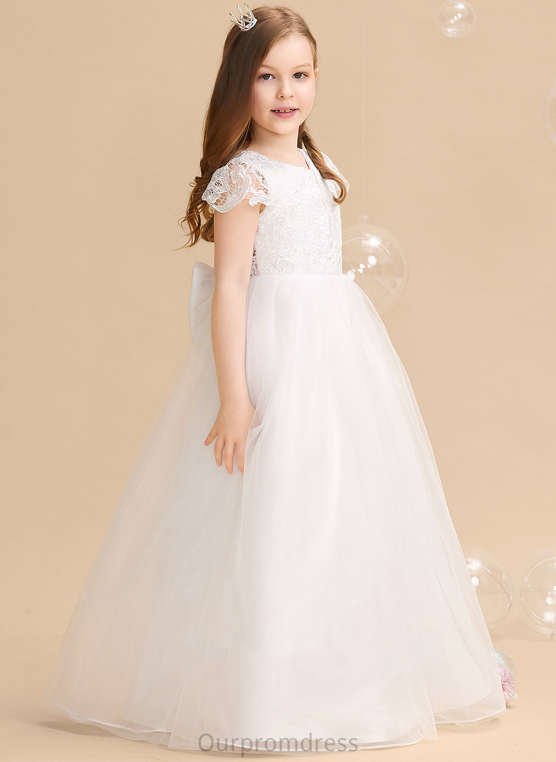 Flower Girl Dresses Short Dress Flower Bow(s) Neck Sleeves - Floor-length Scoop Cailyn With Ball-Gown/Princess Tulle/Lace Girl