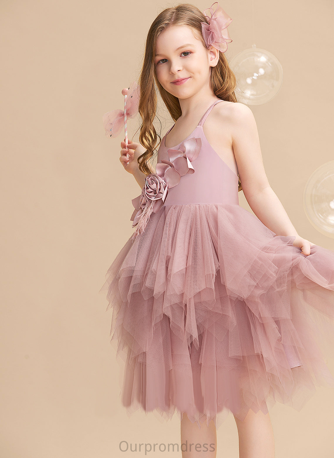 Flower Girl Dresses Scalloped Neck Ball-Gown/Princess - Girl Dress With Clara Tulle Knee-length Feather/Flower(s) Sleeveless Flower