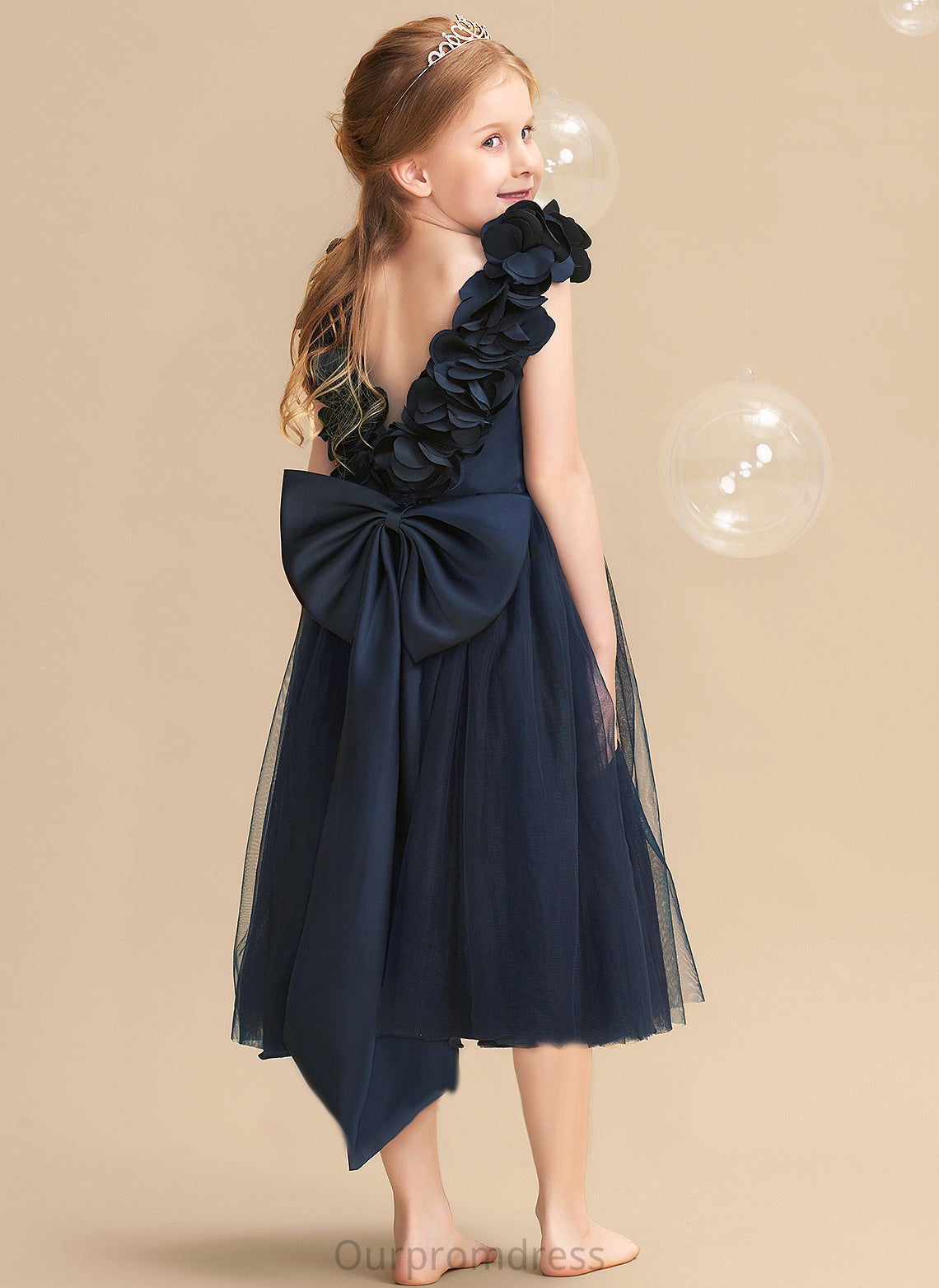 A-Line V-neck Flower(s)/Bow(s) Flower Girl Dresses Girl With Tea-length Satin/Tulle Dress Gillian Sleeveless - Flower