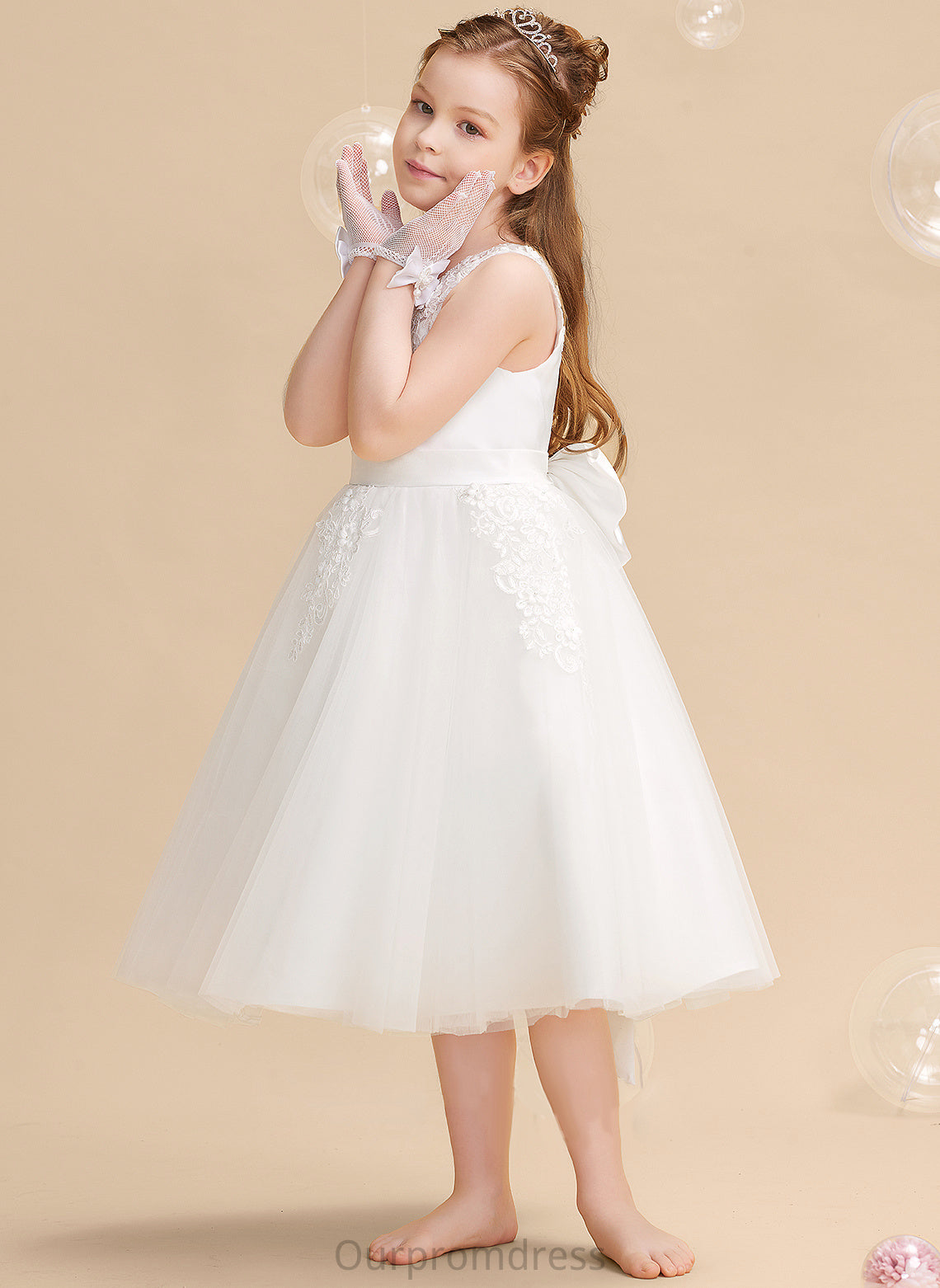 Sleeveless Tea-length Girl Beading/Flower(s) A-Line Juliette - Flower With Scoop Flower Girl Dresses Neck Tulle/Lace Dress