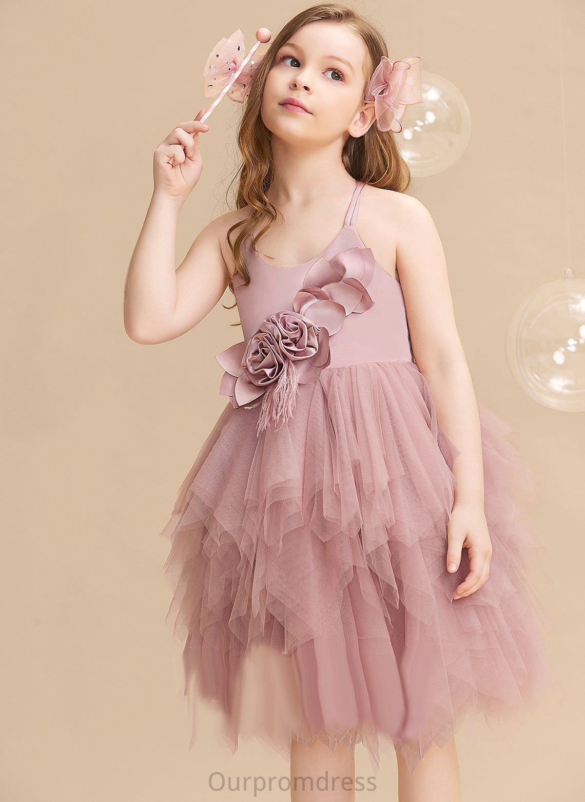 Flower Girl Dresses Scalloped Neck Ball-Gown/Princess - Girl Dress With Clara Tulle Knee-length Feather/Flower(s) Sleeveless Flower