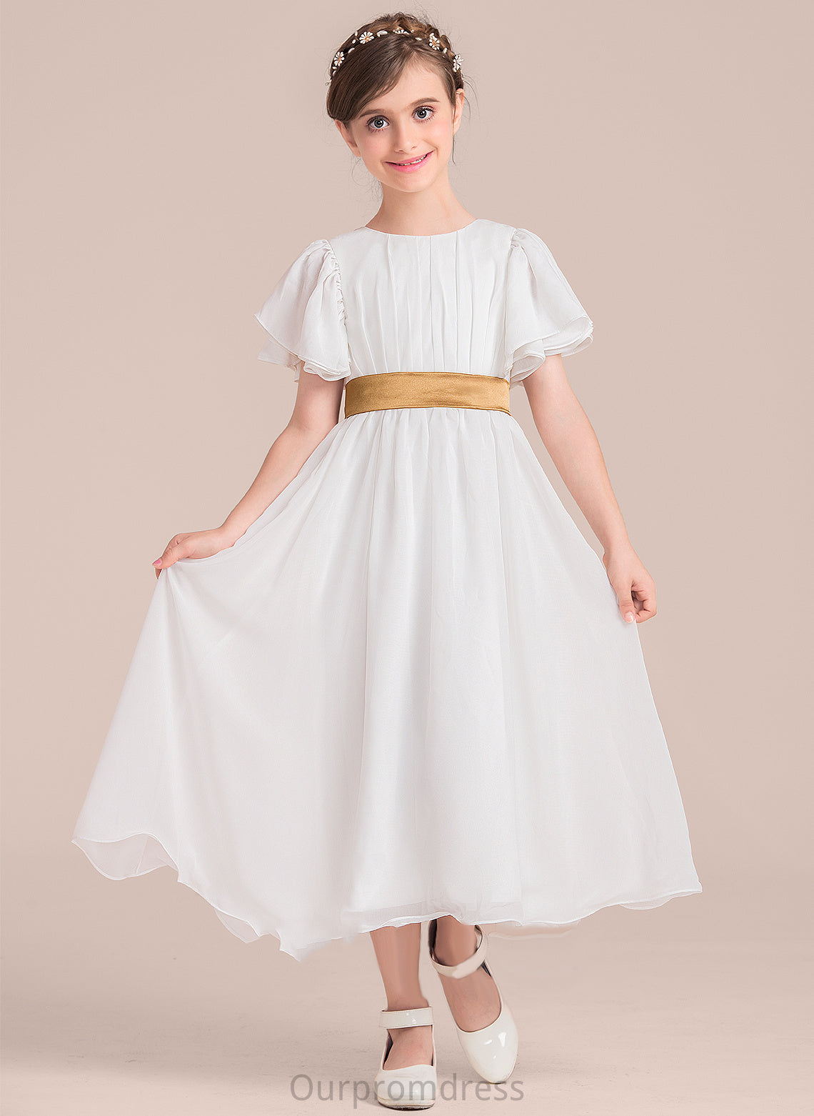 Neck Flower Tea-length - Dress Ariella Girl Short Sash With Flower Girl Dresses Chiffon/Charmeuse Sleeves A-Line Scoop