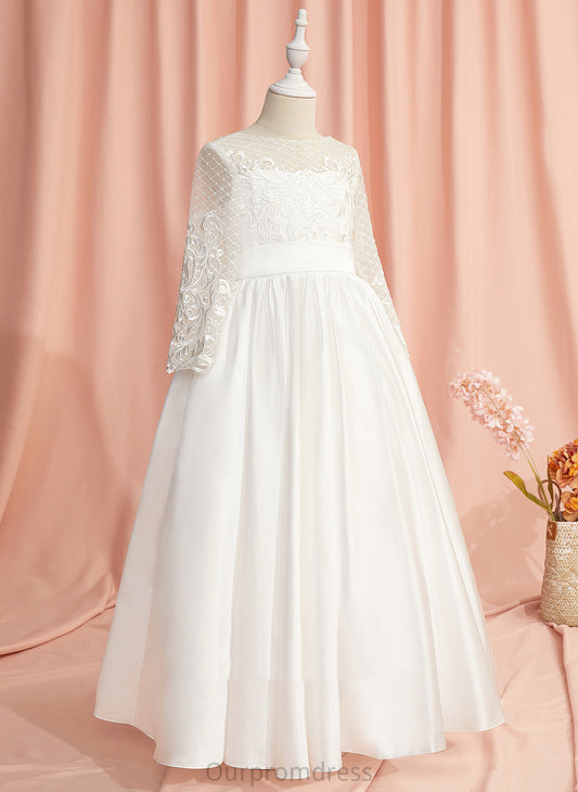 - Floor-length Girl With Reese Dress Back Neck Flower Girl Dresses Scoop Long Satin Flower Ball-Gown/Princess Sleeves Lace/V