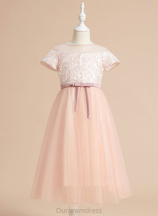 With Scoop - Tea-length Dress Neck Girl A-Line Barbara Sleeves Sash/Bow(s) Flower Girl Dresses Tulle Short Flower