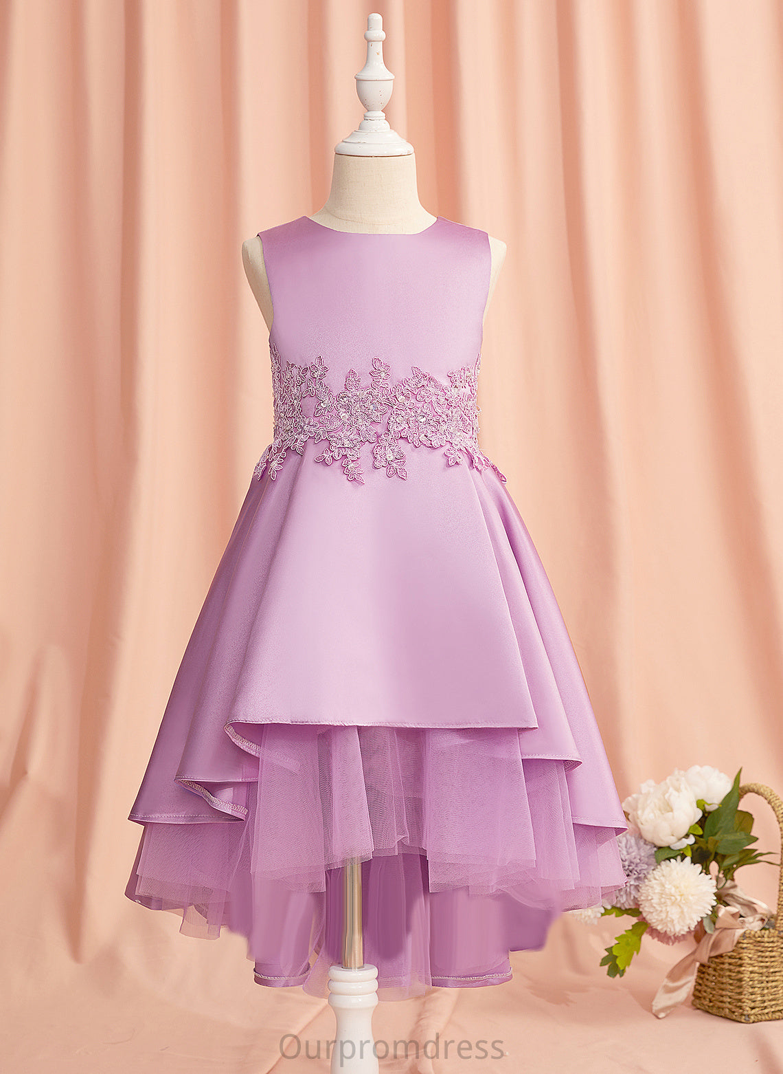 A-Line Sleeveless Flower Lace/Beading/Bow(s) Neck Dress Flower Girl Dresses Aliana With Girl Scoop Satin/Tulle - Asymmetrical