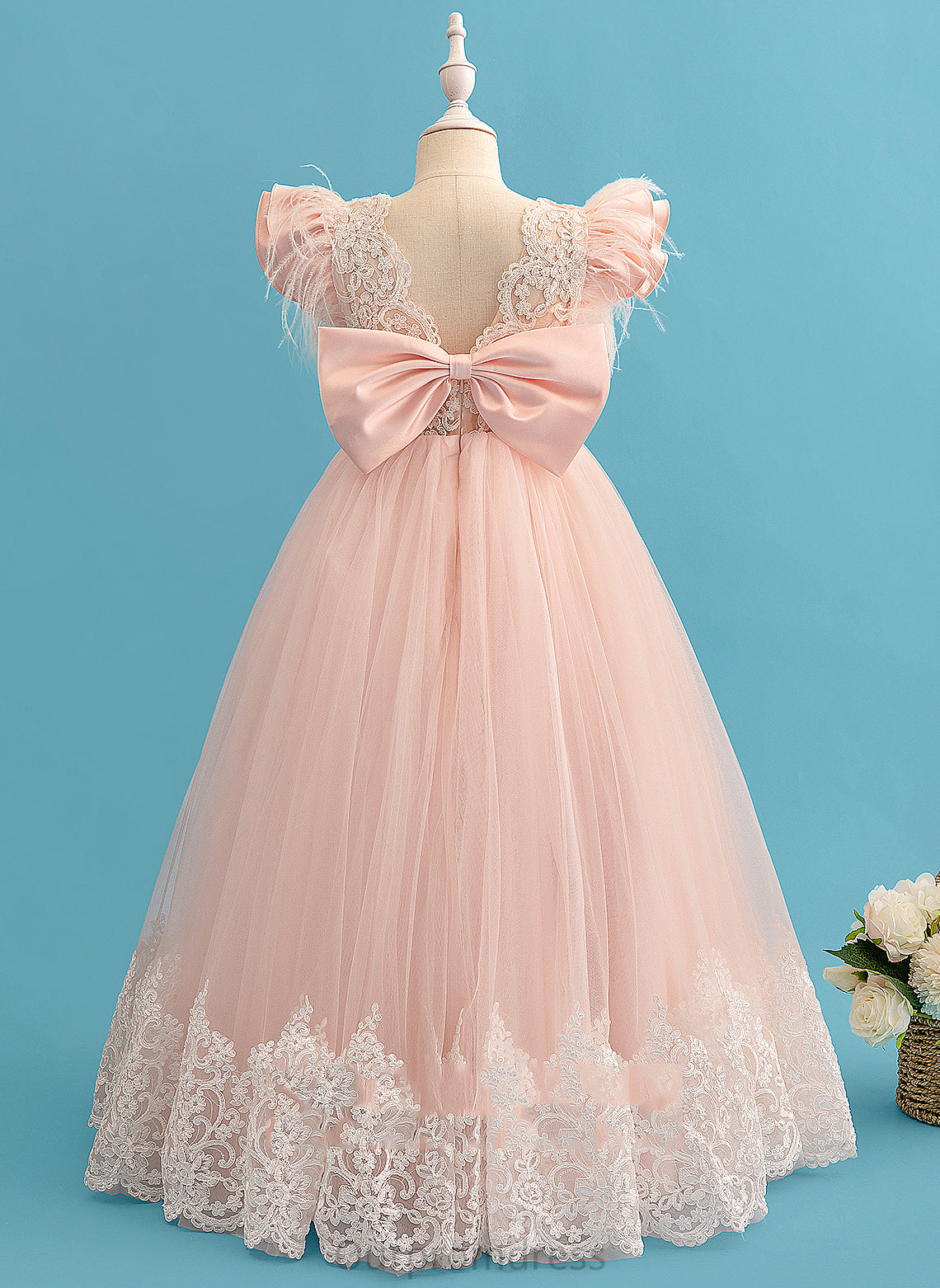 With Lace Ruffles/Feather/Bow(s) Flower Girl Dresses - Girl Short Ball-Gown/Princess Flower Neck Reyna Dress Sleeves Scoop Floor-length