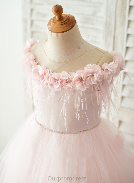 Flower Girl Dresses Flower(s) Neck Sleeveless - Scoop Tulle Sweep Dress With Flower A-Line Train Girl Rosalyn