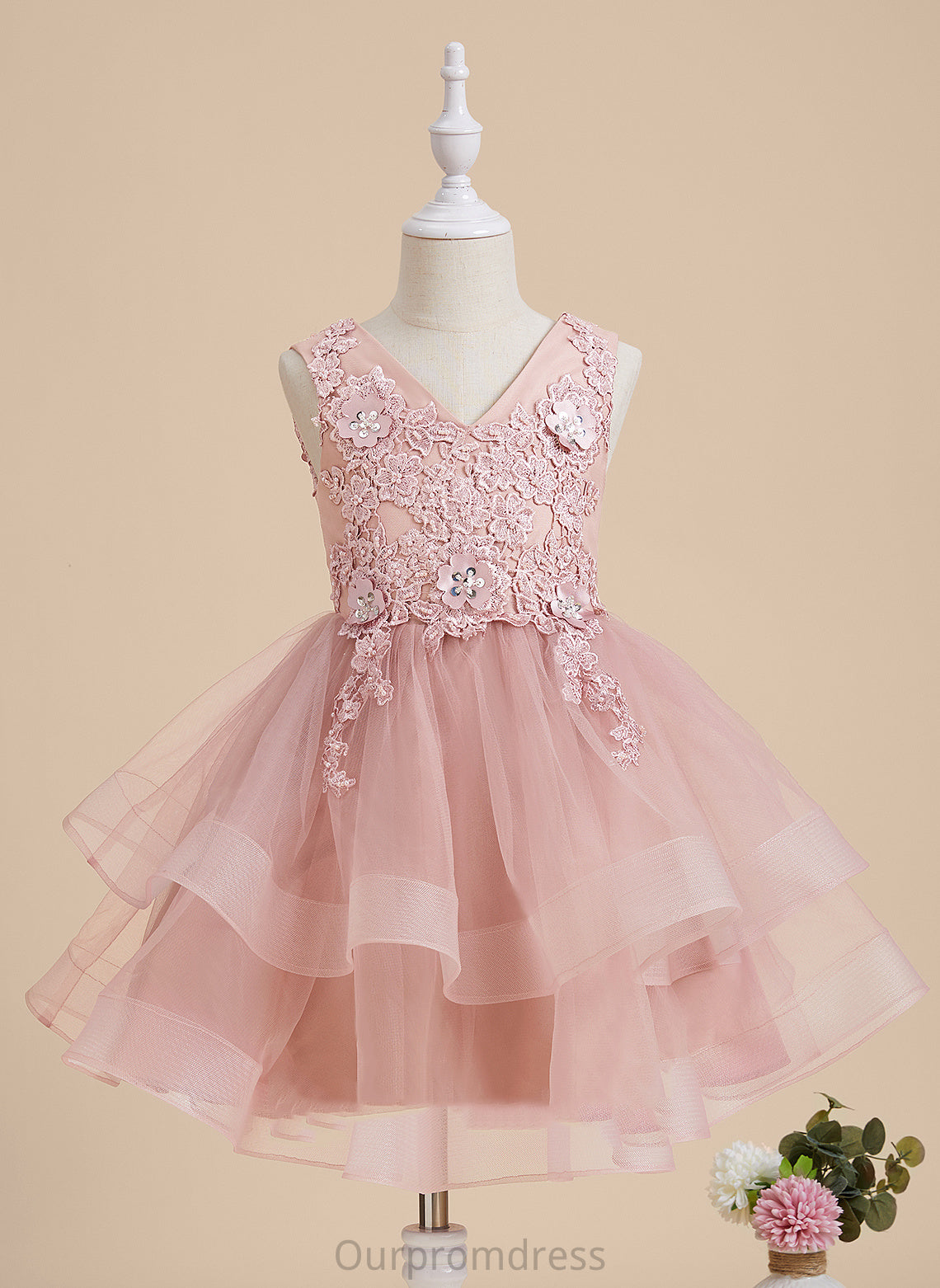 Flower - V-neck Beading/Flower(s)/Sequins With Sleeveless Girl Knee-length A-Line Flower Girl Dresses Dress Tulle/Lace Gertie