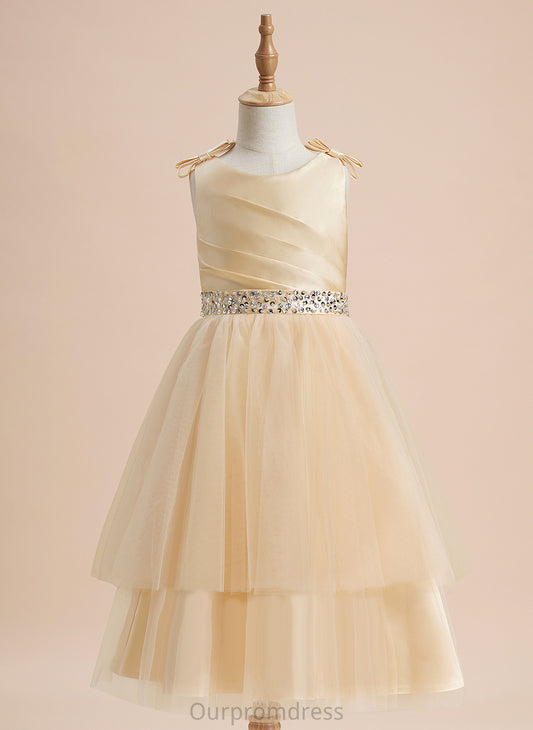 Flower Girl Dresses Scoop With Aubree Girl Beading/Sequins/Bow(s) Neck A-Line Knee-length Satin/Tulle - Flower Sleeveless Dress