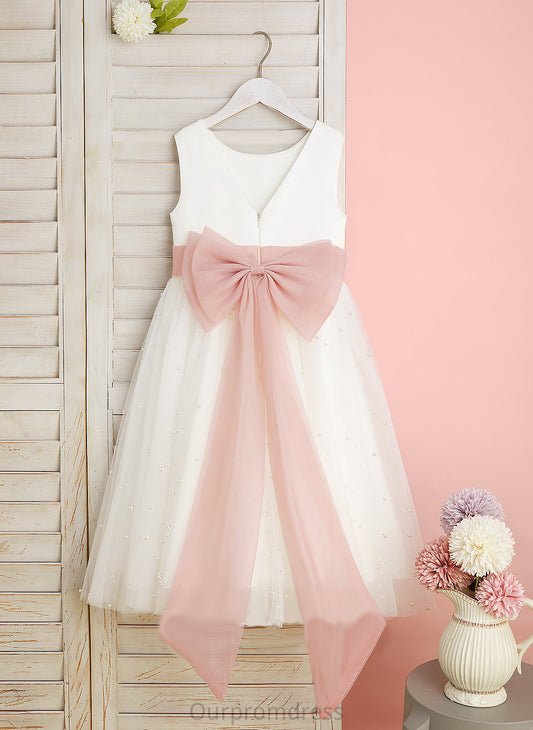 Neck A-Line Scoop Girl Krista Flower Dress Satin/Tulle Back Tea-length - Sleeveless Sash/Bow(s)/V With Flower Girl Dresses