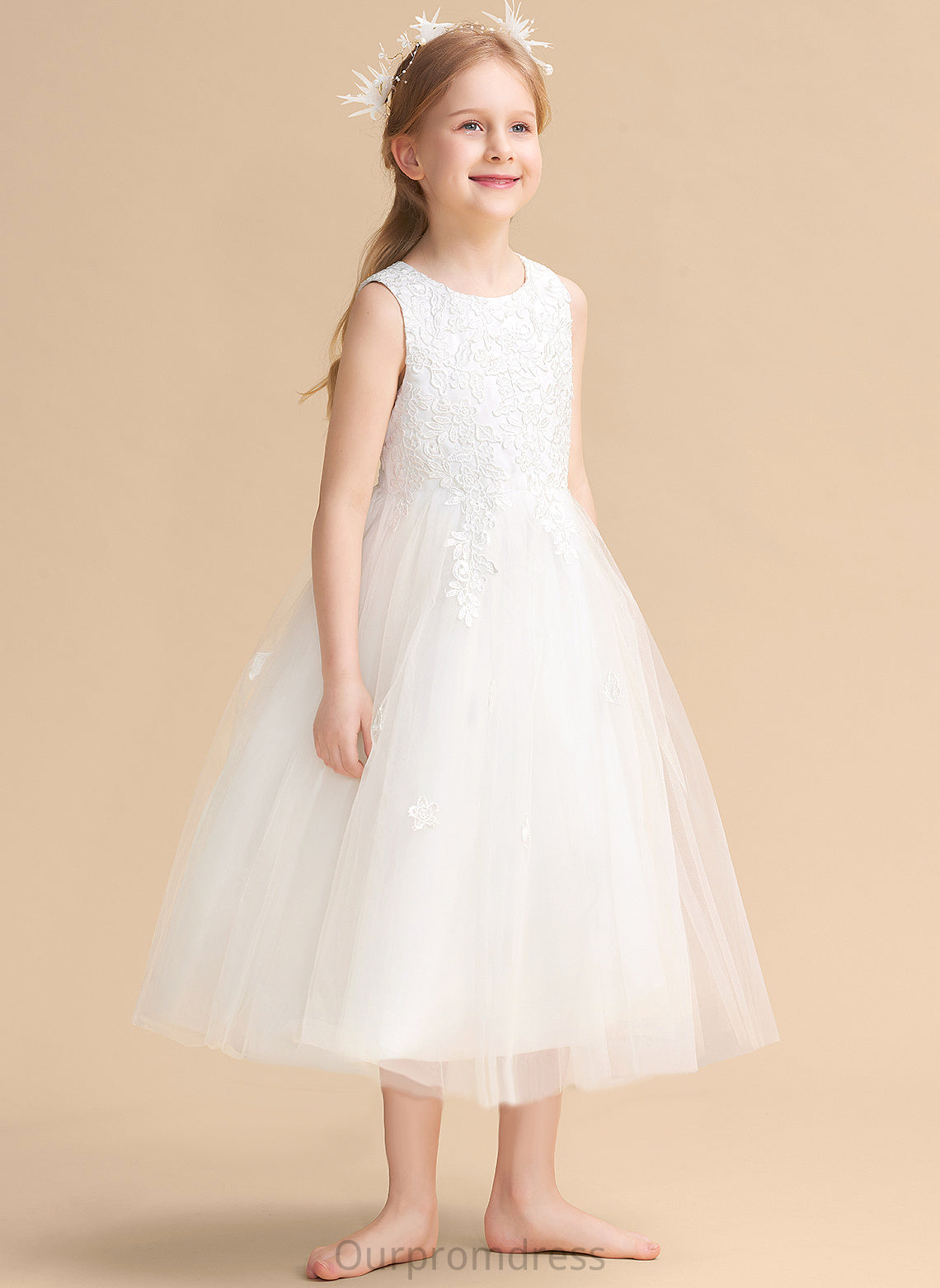 Satin/Tulle Dress - A-Line Clare Tea-length Bow(s) Girl Flower Girl Dresses Flower Neck Scoop Sleeveless With