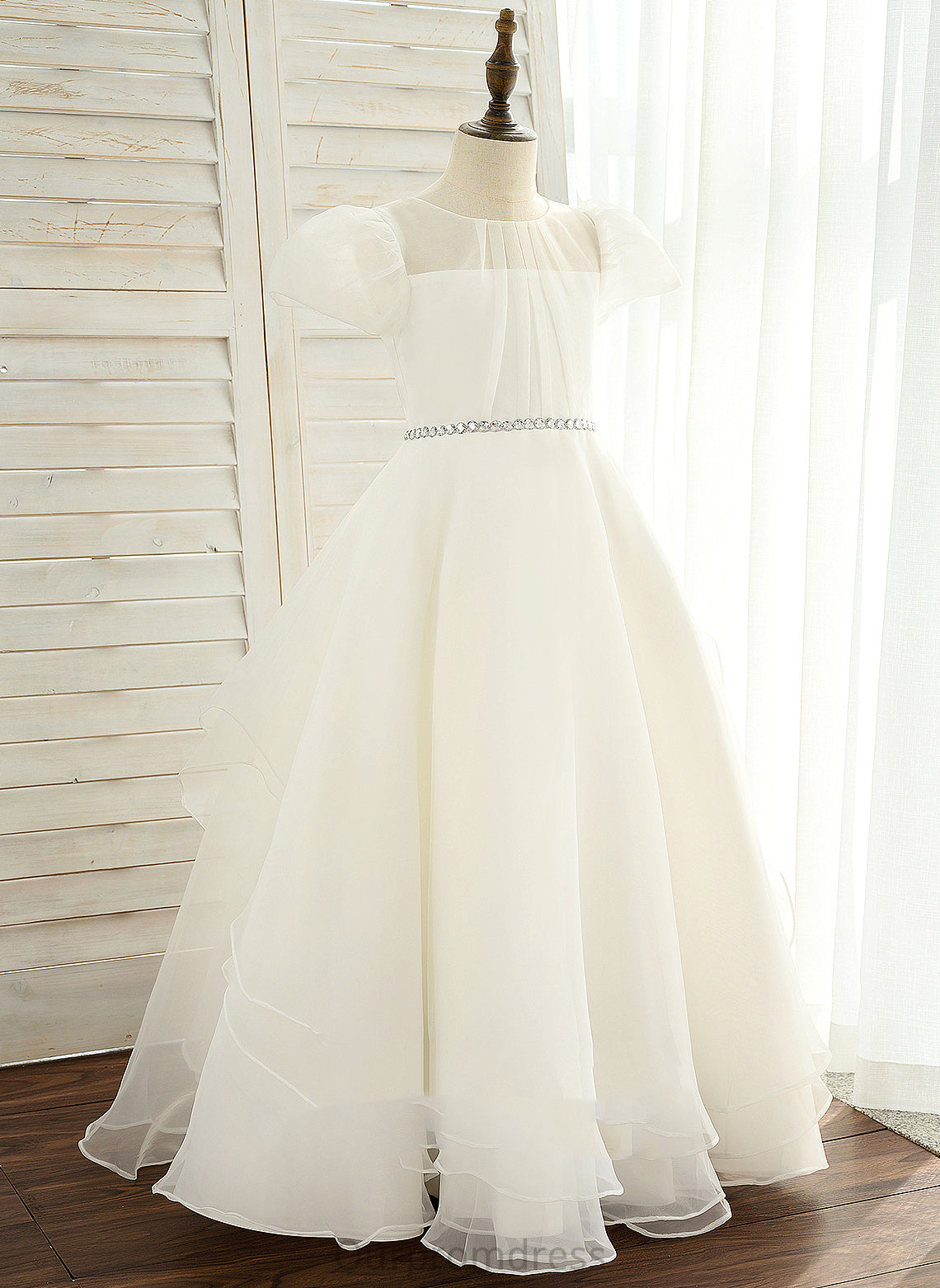 Jacey - Dress Ball-Gown/Princess Flower Girl Dresses Neck Organza/Satin Short Flower Rhinestone Scoop Sleeves With Floor-length Girl