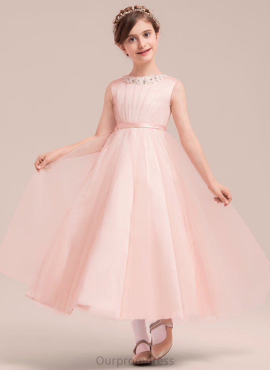 Flower Girl Dresses Sleeveless A-Line/Princess Paige Scoop Flower Dress Girl With Satin/Tulle Ankle-length - Beading/Bow(s) Neck