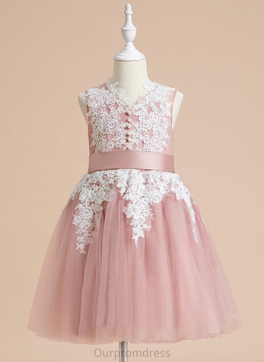 Knee-length A-Line V-neck Flower Girl Dresses With Tulle/Lace Lorelai Sleeveless Girl Bow(s) Flower - Dress