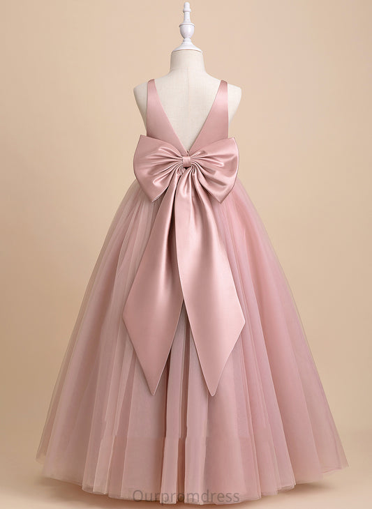 Tulle Flower Girl Dresses Sleeveless V-neck Ball-Gown/Princess Girl Flower Dress Floor-length - With Bow(s)/V Back Emilie