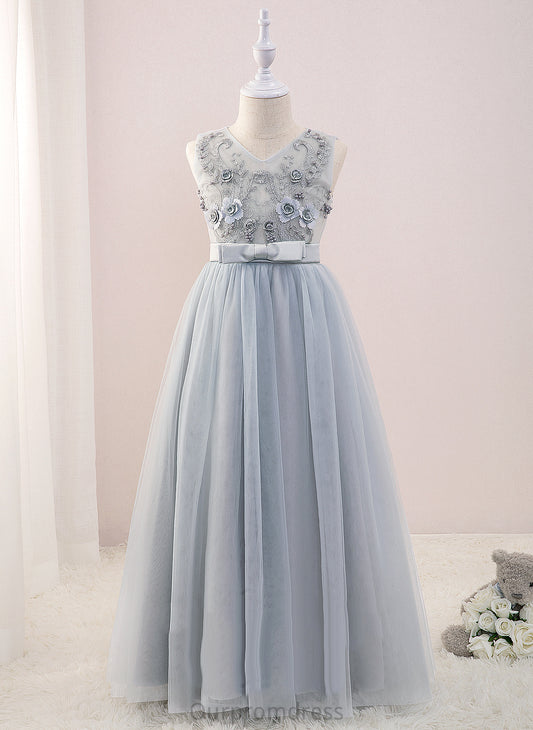 Dress Flower Flower Girl Dresses Beading/Flower(s) Floor-length Girl A-Line Tulle/Lace Sleeveless - V-neck Reyna With