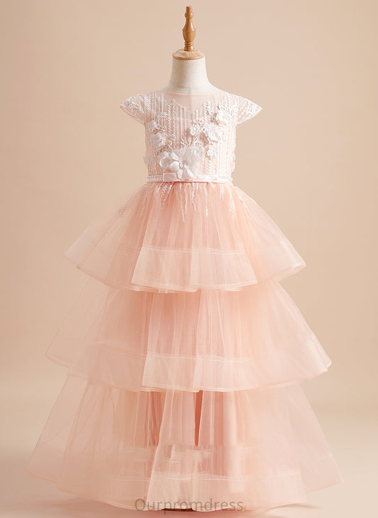 With Flower Girl Dresses Girl Ariella Beading/Flower(s)/Bow(s) Sleeves Flower Short Neck Ball-Gown/Princess Floor-length Dress - Tulle Scoop