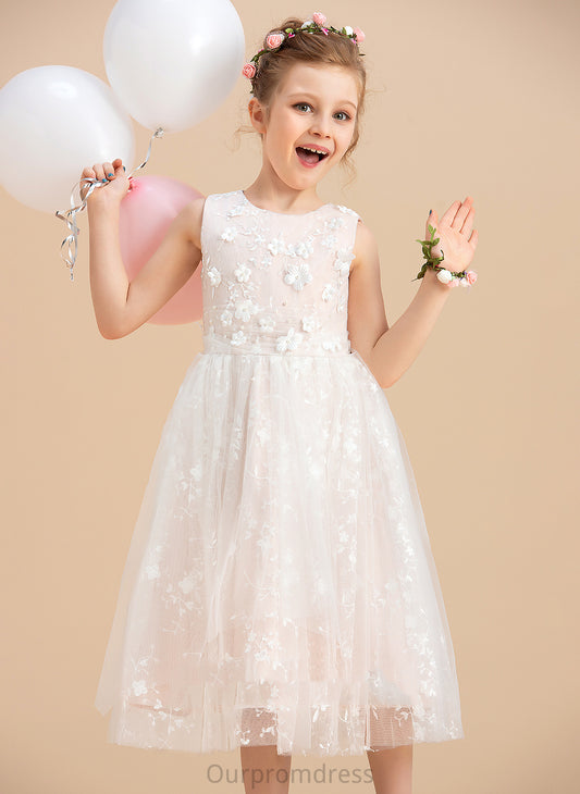 Tulle/Lace A-Line Beading/Flower(s) Dress Flower Girl Dresses Scoop Tea-length Girl Sleeveless Neck Flower - With Lucy