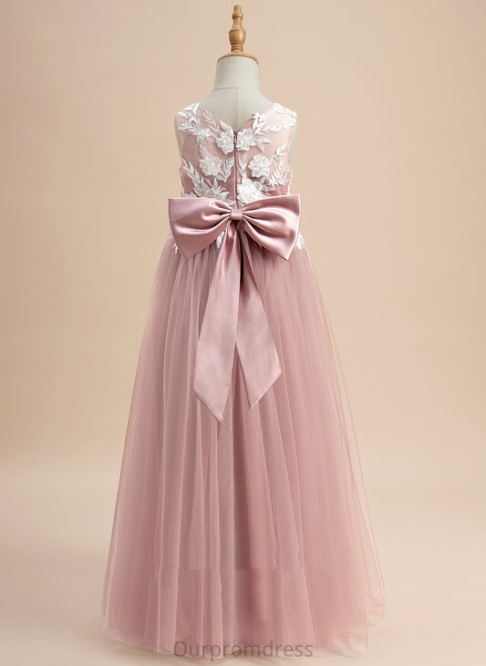 Lace/Bow(s) With Sleeveless Floor-length Tanya V-neck Flower Girl Dresses A-Line - Tulle Flower Dress Girl