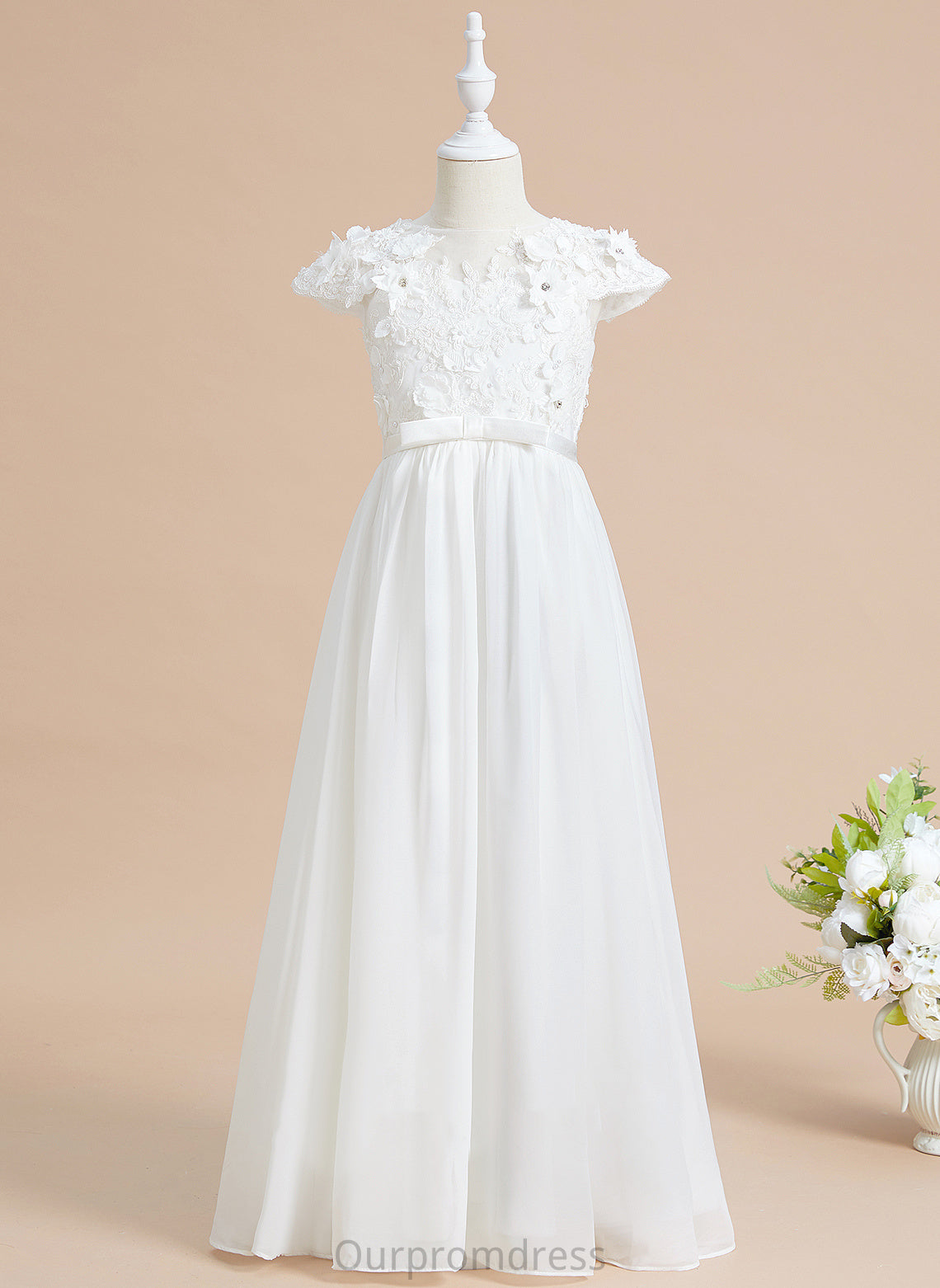 A-Line Floor-length - Flower(s) Flower Chiffon/Lace Flower Girl Dresses Neck Short Sleeves With Dress Alannah Girl Scoop