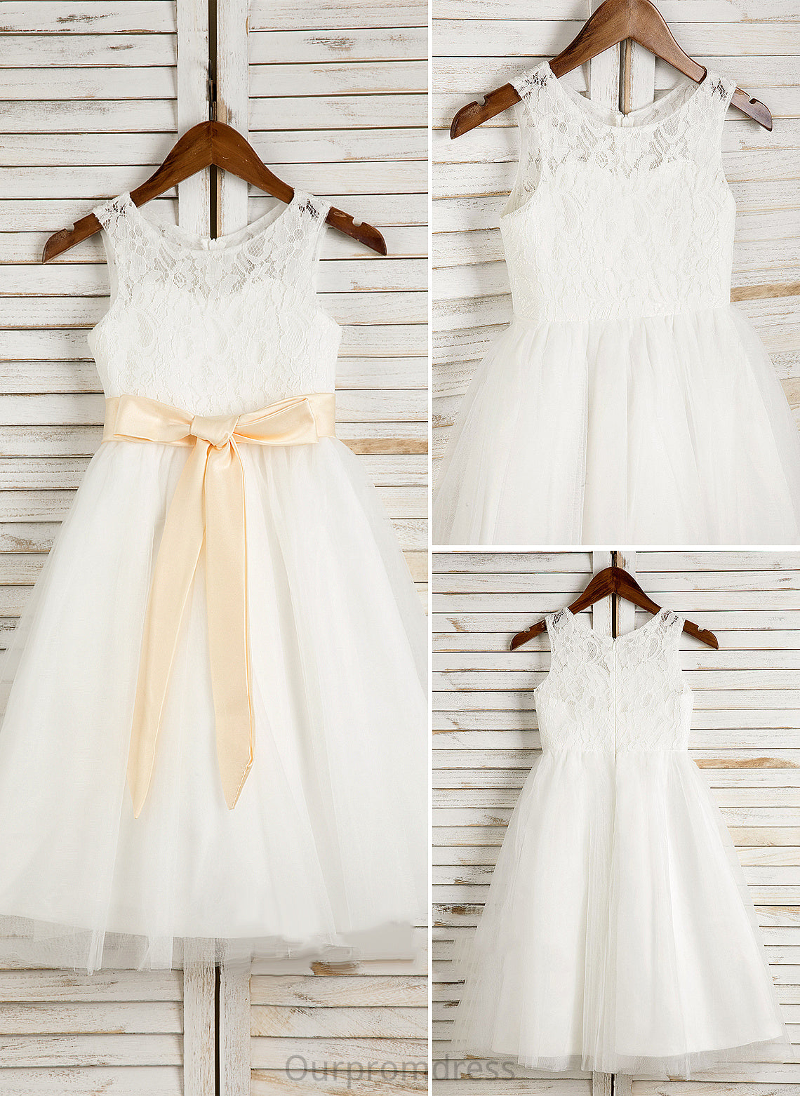 Dress Sash/Bow(s) Tea-length - Flower Girl Dresses Sleeveless Girl Tulle/Lace Scoop A-Line/Princess Flower Addison Neck With