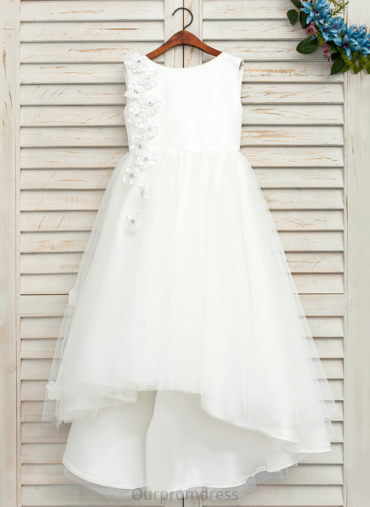 Kaley Neck - A-Line Beading/Flower(s)/Bow(s) Asymmetrical Dress Sleeveless With Satin/Tulle Flower Girl Dresses Flower Girl Scoop