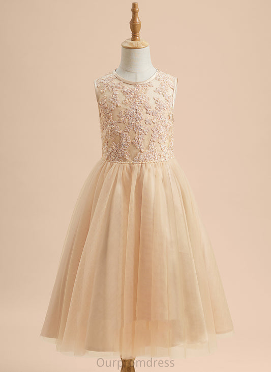 Tea-length Beading/Sequins A-Line - Neck Flower Girl Dresses Girl Scoop Tulle/Lace Dress Flower Mylee With Sleeveless