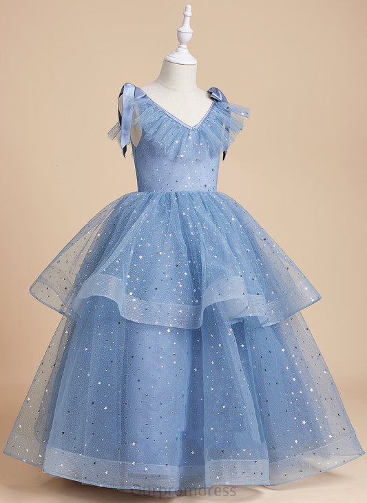 Flower With Satin/Tulle/Sequined Bow(s) Girl - Ball-Gown/Princess Sleeveless Dress Flower Girl Dresses Floor-length Addison V-neck