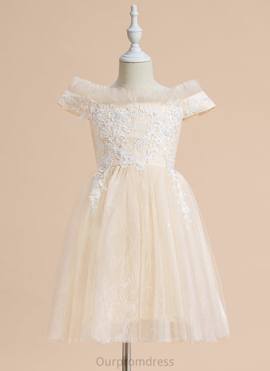 Flower Girl Dresses Girl Tulle - With Flower Lace Kate Off-the-Shoulder Sleeveless Knee-length Dress A-Line