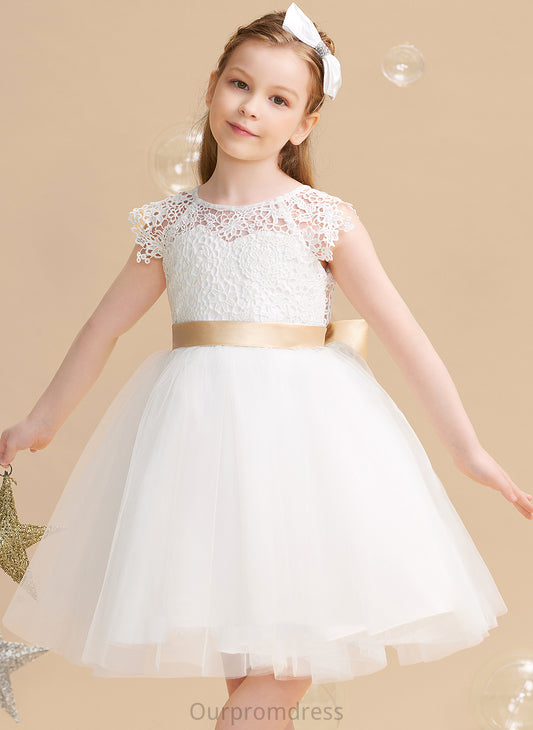 With Flower Girl Dresses Neck Sleeves Silvia Dress - Tulle/Lace Flower Knee-length Short A-Line sash) (Undetachable Scoop Sash/Bow(s) Girl