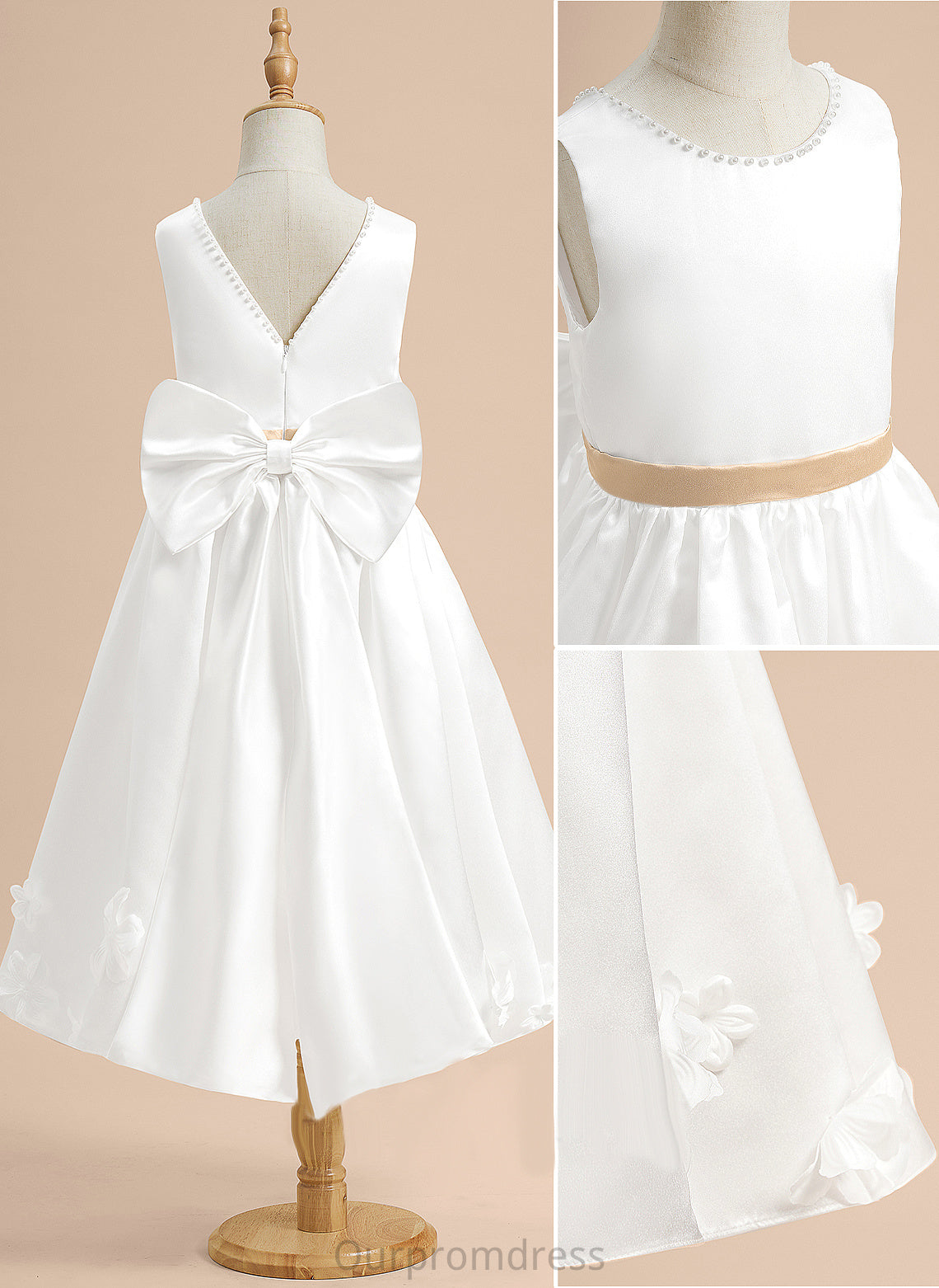 Neck Tea-length A-Line Flower Scoop With Girl Sleeveless Satin - Dress Jaylin Sash/Beading/Flower(s)/Bow(s) Flower Girl Dresses