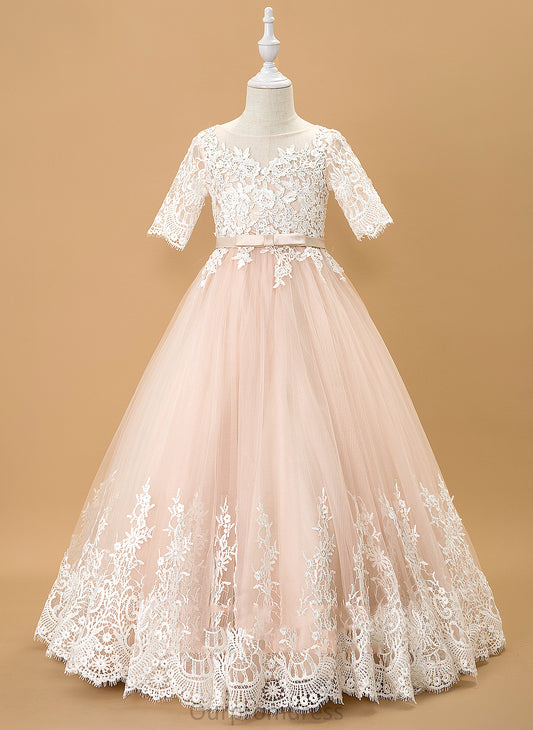 Tulle/Lace Floor-length Sleeves Flower Girl Dresses Scoop Dress 1/2 Girl - Hayden Neck Ball-Gown/Princess Flower With Bow(s)