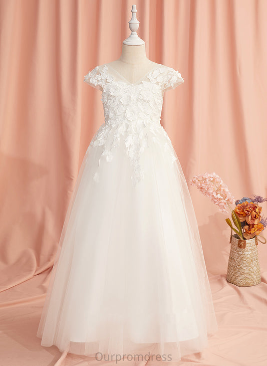 Lace/Flower(s) Lilia Dress Short Sleeves A-Line V-neck Tulle Flower Girl Floor-length Flower Girl Dresses - With