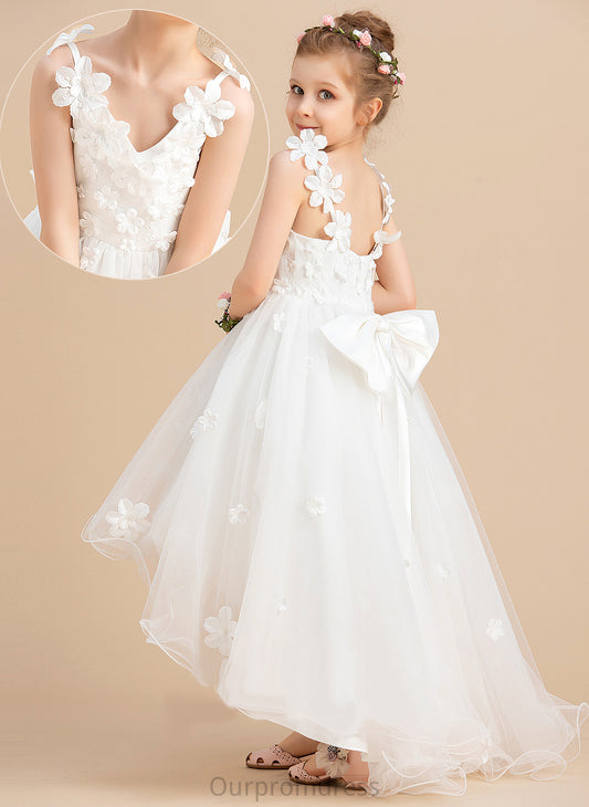 Tulle V-neck Beading/Flower(s)/Bow(s) Asymmetrical - Ball-Gown/Princess Girl Margaret Dress Flower With Flower Girl Dresses Sleeveless