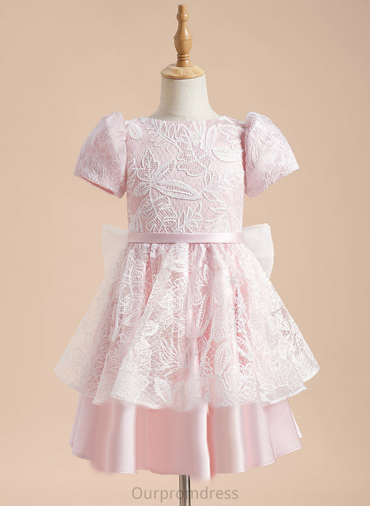 Short Aileen Flower Flower Girl Dresses Sleeves Lace/Sequins/Bow(s) With Neck Knee-length Satin/Tulle Dress Scoop - A-Line Girl