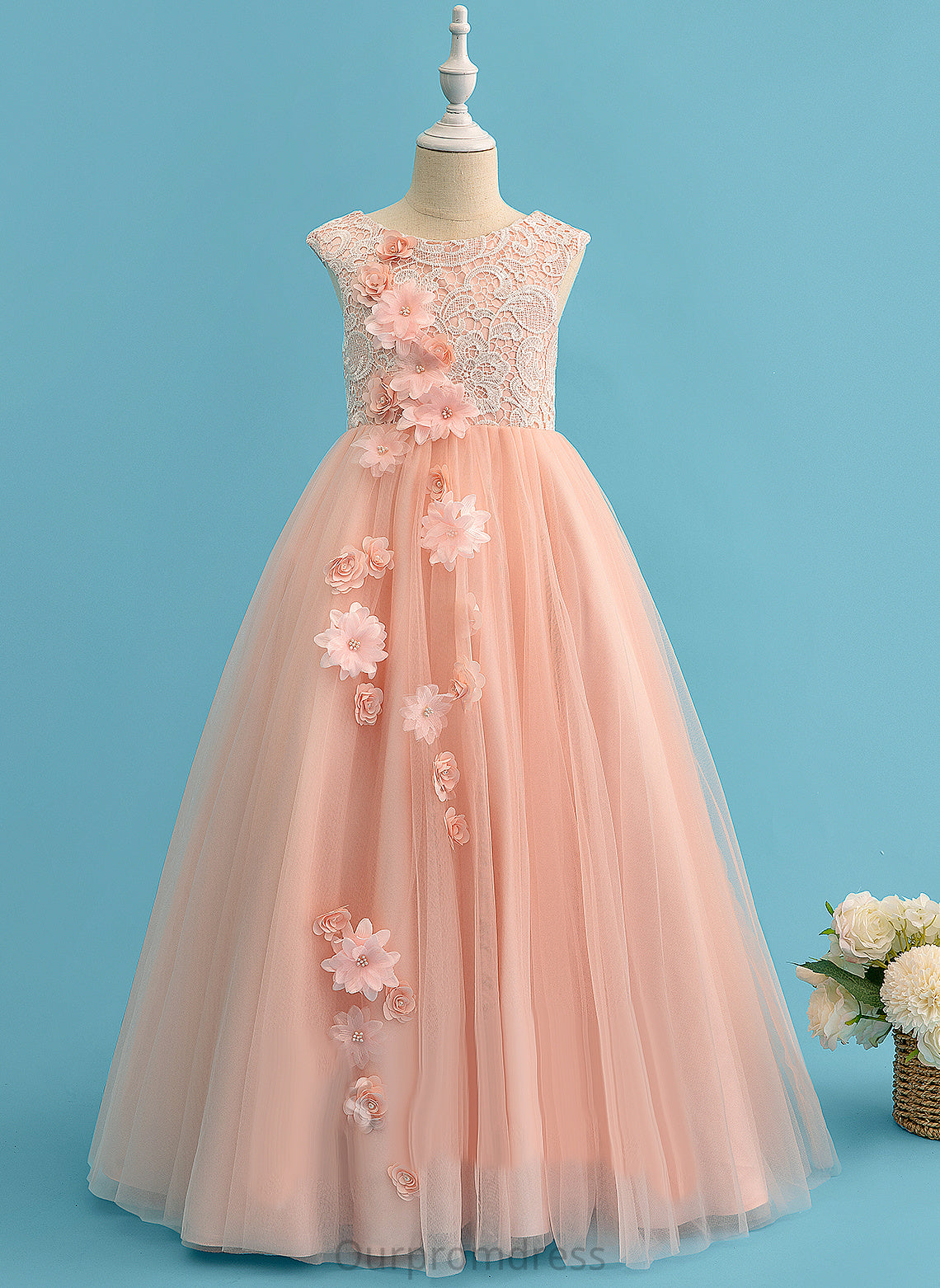 Flower Girl Dresses Flower Floor-length Joan Dress Beading/Flower(s) Tulle/Lace Scoop Ball-Gown/Princess Girl - Neck With Sleeveless