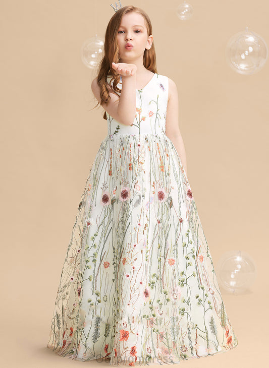 A-Line - Flower V-neck Sleeveless Flower(s)/Bow(s) Dress Flower Girl Dresses Payten Girl Floor-length Jacquard With