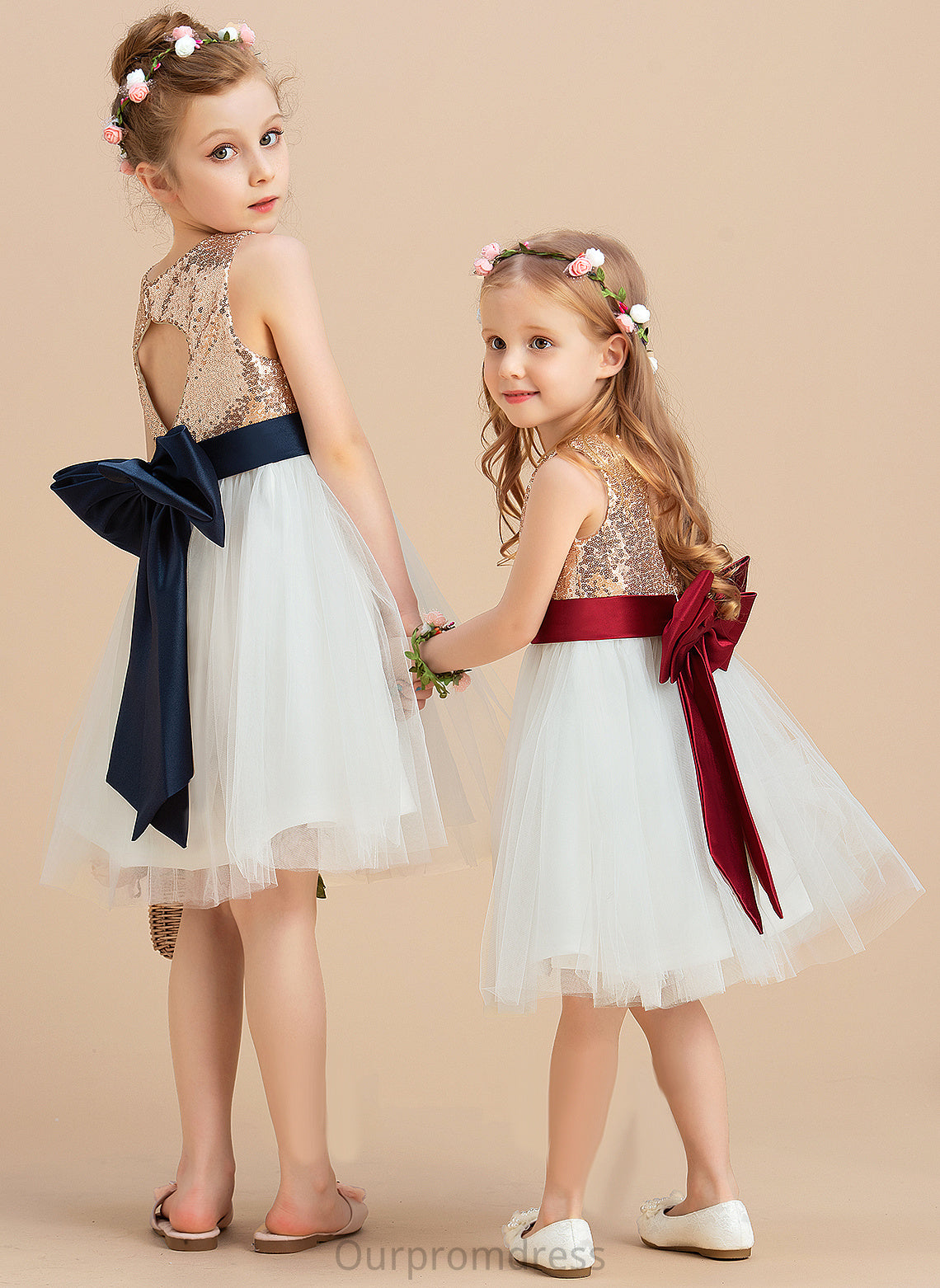 Flower Girl Dresses - Flower (Undetachable Sequins/Bow(s) sash) Scoop With Sleeveless Carolina A-Line Neck Girl Knee-length Dress Satin/Tulle/Sequined