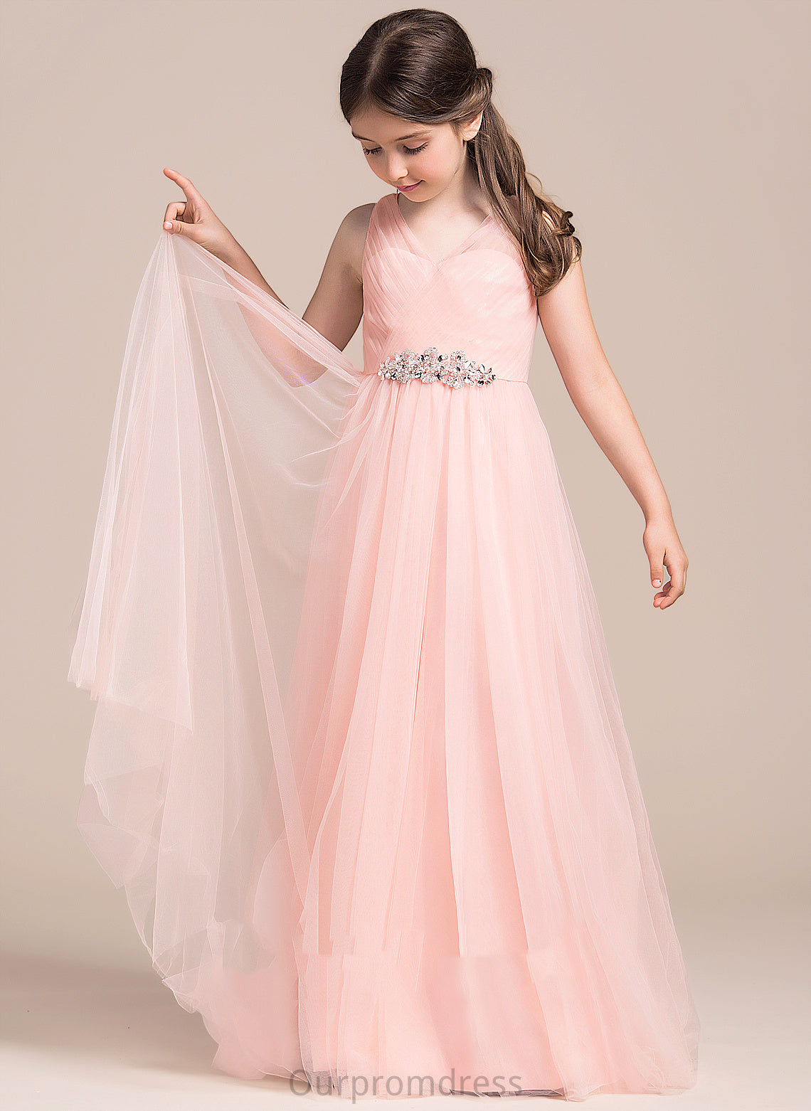 Sleeveless Flower Girl Dresses Tulle - V-neck Floor-length Ruffles/Beading/Sequins With Kendal Girl A-Line Flower Dress