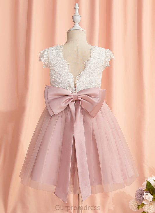 Knee-length Tulle Lace/Bow(s) Dress - Adelaide Flower Short Flower Girl Dresses Neck Sleeves A-Line Girl Scoop With