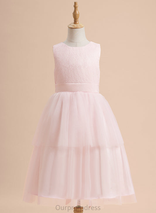 Neck Knee-length A-Line Lace Dress Miley With Girl Satin/Tulle Flower - Flower Girl Dresses Sleeveless Scoop